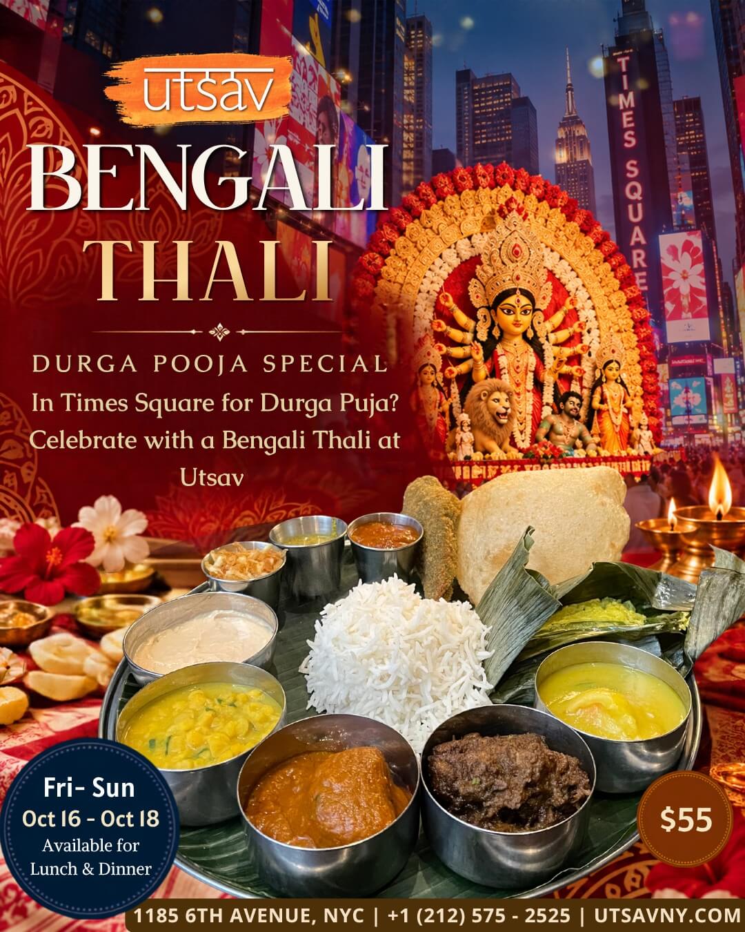 Celebrate Durga Puja at Utsav with a special $55 Bengali Thali, available for lunch and dinner from October 16 through October 18.